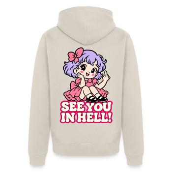 See You in Hell – Süß & frech - Unisex Premium Bio Zip Hoodie - Beige - Hinten - Thijin (182cm)