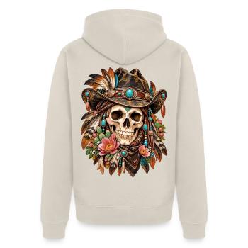 Totenkopf, Totenkopf, Biker, Totenkopf, Cowboyhut - Unisex Premium Bio Zip Hoodie - Beige - Hinten - Thijin (182cm)