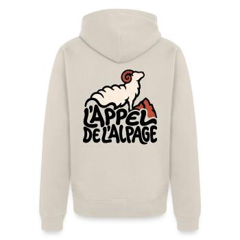 Der Ruf der Alpenweide – Transhumanz-Humor - Unisex Premium Bio Zip Hoodie - Beige - Hinten - Thijin (182cm)