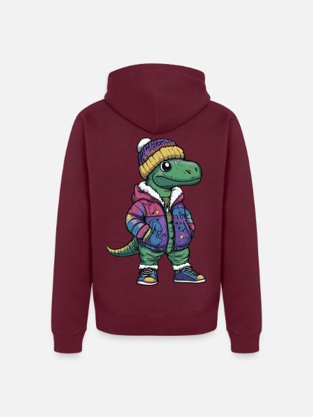 Dinosaurier mit Winterjacke und Mütze - Unisex Premium Bio Zip Hoodie - Burgunderrot