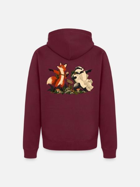 Fuchs und Dachs auf Wandertour - Unisex Premium Bio Zip Hoodie - Burgunderrot