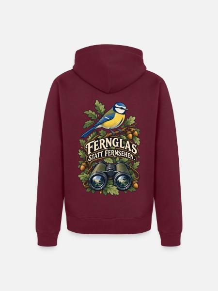 Blaumeise - Vogel Fernglas Naturgenuss - Unisex Premium Bio Zip Hoodie - Burgunderrot - Hinten