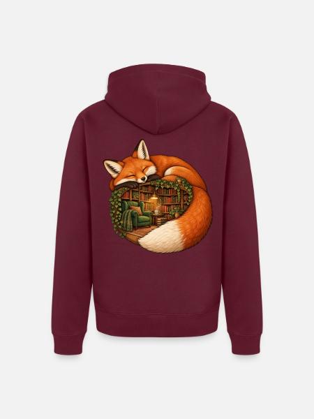 Schlafender Fuchs mit einer gemütlichen Bibliothek - Unisex Premium Bio Zip Hoodie - Burgunderrot - Hinten