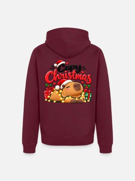 Capy Christmas – Süsses Capybara Weihnachten - Unisex Premium Bio Zip Hoodie - Burgunderrot