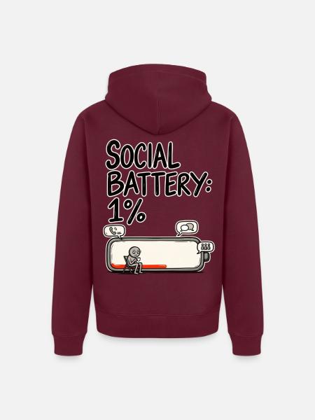 Social Battery 1 % – Soziale Batterie Leer Humor - Unisex Premium Bio Zip Hoodie - Burgunderrot - Hinten