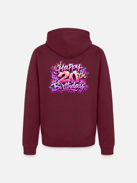 Herzlichen Glückwunsch zum 20. Geburtstag Neon Pink Graffiti: Slay Gift - Unisex Premium Bio Zip Hoodie - Burgunderrot - Hinten