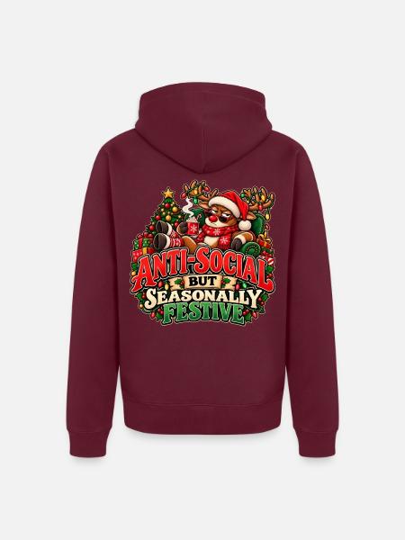 Asoziales, aber saisonal festliches Rentier - Unisex Premium Bio Zip Hoodie - Burgunderrot - Hinten