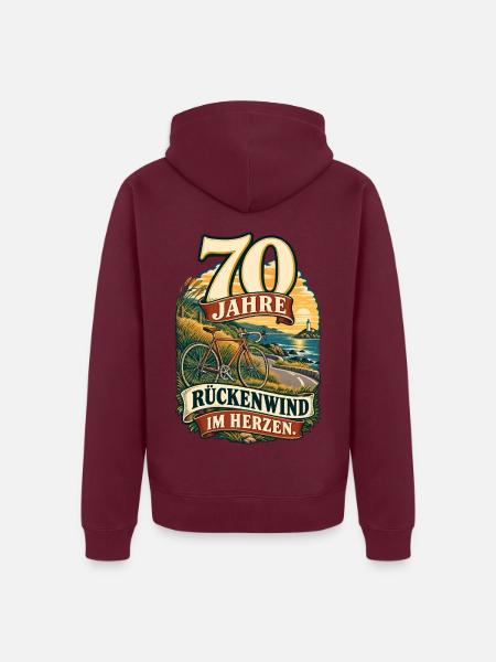 70 Jahre Rückenwind im Herzen - Unisex Premium Bio Zip Hoodie - Burgunderrot