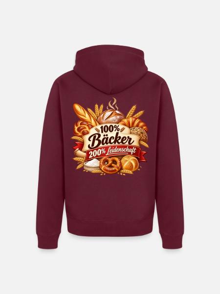 100% Bäcker – Leidenschaft pur - Unisex Premium Bio Zip Hoodie - Burgunderrot