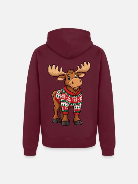 Weihnachtselch mit Pullover – Lustiger Comic Elch - Unisex Premium Bio Zip Hoodie - Burgunderrot - Hinten