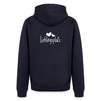 Lieblingsplatz Kissen mit Herz - Unisex Premium Bio Zip Hoodie - Navy - Hinten - Nico (187cm)