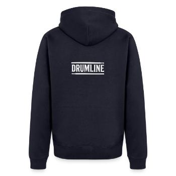 Drumline Schriftzug - Unisex Premium Bio Zip Hoodie - Navy - Hinten - Nico (187cm)