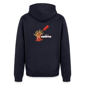 Ich Bin Ein Spritzer Sauce Pommes Sex Spruch - Unisex Premium Bio Zip Hoodie - Navy - Hinten - Nico (187cm)