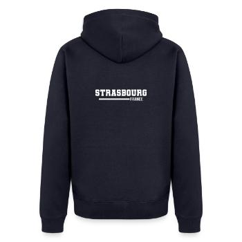Straßburg | Frankreich - Unisex Premium Bio Zip Hoodie - Navy - Hinten - Nico (187cm)