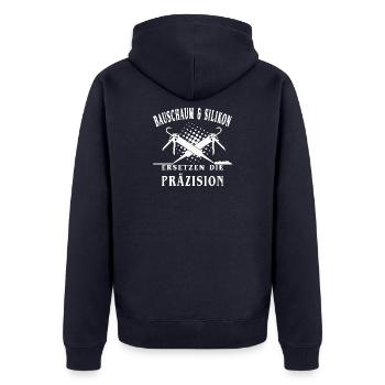 Bauschaum und Silikon ersetzt die Präzision - Unisex Premium Bio Zip Hoodie - Navy - Hinten - Nico (187cm)