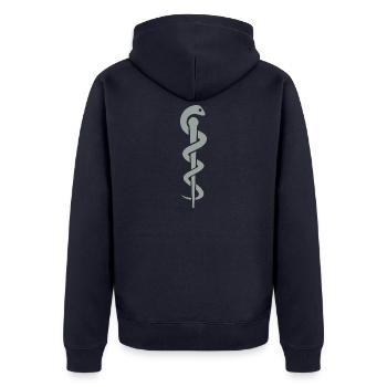 Aesculapstab Schlange - Unisex Premium Bio Zip Hoodie - Navy - Hinten - Nico (187cm)
