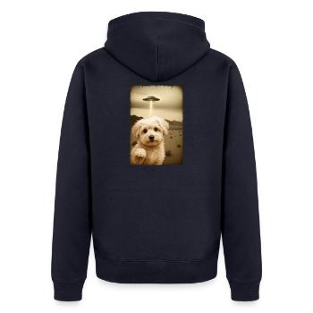 Maltipoo trifft UFO – Retro Alien Style - Unisex Premium Bio Zip Hoodie - Navy - Hinten - Nico (187cm)