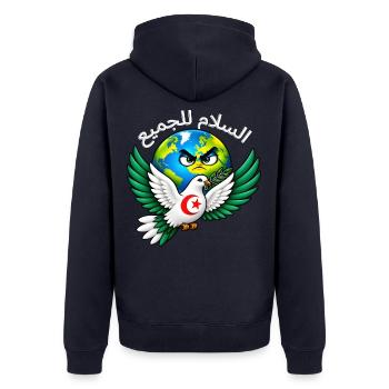 Frieden für alle – Algerien - Unisex Premium Bio Zip Hoodie - Navy - Hinten - Nico (187cm)
