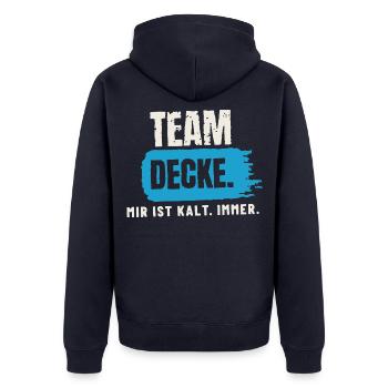 Team Decke – mir ist kalt - Unisex Premium Bio Zip Hoodie - Navy - Hinten - Nico (187cm)