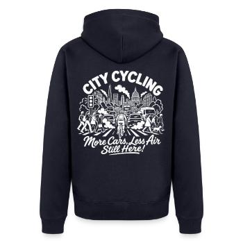 Stadtradfahren, mehr Autos, weniger Luft, immer noch hier! - Unisex Premium Bio Zip Hoodie - Navy - Hinten - Nico (187cm)