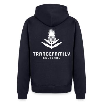 TranceFamily Scotland - Thistle Trance - Unisex Premium Bio Zip Hoodie - Navy - Hinten - Nico (187cm)