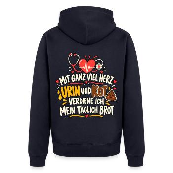 Pflegehumor – Mit Herz, Urin und Kot - Unisex Premium Bio Zip Hoodie - Navy - Hinten - Nico (187cm)
