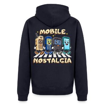 Mobile Nostalgia: Retro-Handy-Parade - Unisex Premium Bio Zip Hoodie - Navy - Hinten - Nico (187cm)
