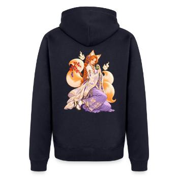 Kitsune-Frau im Kimono – Anime | Noventra - Unisex Premium Bio Zip Hoodie - Navy - Hinten - Nico (187cm)