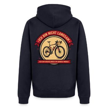 Ich bin Gravelbiker im Genuss-Modus - Unisex Premium Bio Zip Hoodie - Navy - Hinten - Nico (187cm)