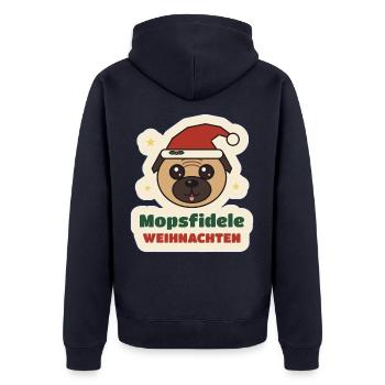 Mopsfidele Weihnachten – Mops mit Weihnachtsmütze - Unisex Premium Bio Zip Hoodie - Navy - Hinten - Nico (187cm)