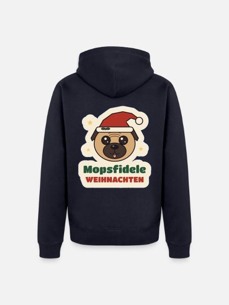 Mopsfidele Weihnachten – Mops mit Weihnachtsmütze - Unisex Premium Bio Zip Hoodie - Navy