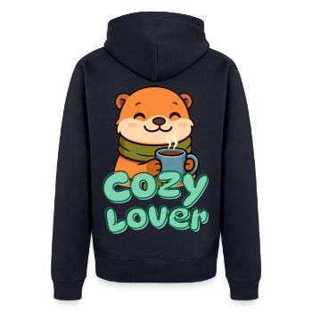 Otter mit Kaffee Cozy Charm - Unisex Premium Bio Zip Hoodie - Navy - Hinten - Nico (187cm)