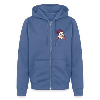 Cosy Stitches – Süßer Häkelgeist - Unisex Premium Bio Zip Hoodie - Taubenblau - Vorne - Nico (187cm) & Julia (174cm)