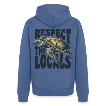 Respektieren Sie die Einheimischen - Unisex Premium Bio Zip Hoodie - Taubenblau - Hinten - Nico (187cm)