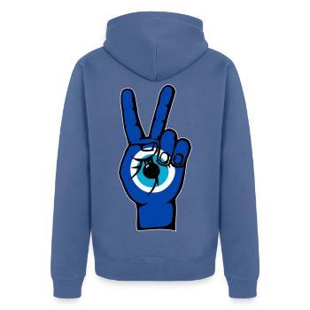 Nazar Frieden Victory Symbol - Unisex Premium Bio Zip Hoodie - Taubenblau - Hinten - Nico (187cm)