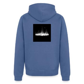 Nebulae Feuer-Silhouette auf Dunkelgrau - Unisex Premium Bio Zip Hoodie - Taubenblau - Hinten - Nico (187cm)