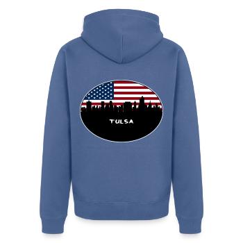 Tulsa Oklahoma USA Flagge Skyline Reise Souvenir - Unisex Premium Bio Zip Hoodie - Taubenblau - Hinten - Nico (187cm)