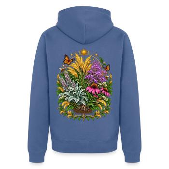Sonnenmond Blumenkranz - Unisex Premium Bio Zip Hoodie - Taubenblau - Hinten - Nico (187cm)