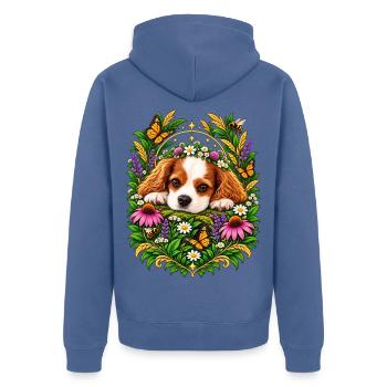 Kuschelhund im Blumenkranz - Unisex Premium Bio Zip Hoodie - Taubenblau - Hinten - Nico (187cm)