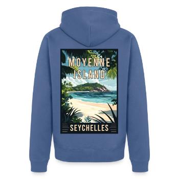 Erleben Sie die Gelassenheit der Moyenne-Insel, Seychellen, - Unisex Premium Bio Zip Hoodie - Taubenblau - Hinten - Nico (187cm)