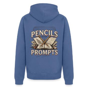 Stop KI Pencils Before Prompts Gegen Ki - Unisex Premium Bio Zip Hoodie - Taubenblau - Hinten - Nico (187cm)