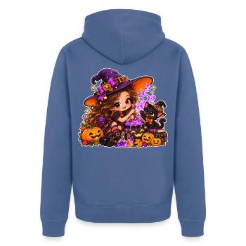 Cute Halloween Witch & Mischievous Black Cat - Unisex Premium Bio Zip Hoodie - Taubenblau - Hinten - Nico (187cm)