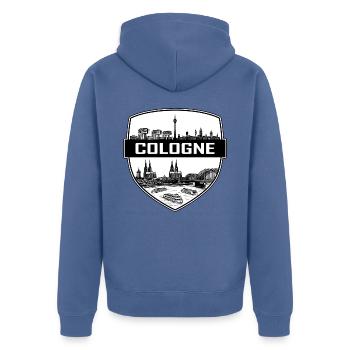 Köln, Deutschland, Schildwappen, Dom, Rheingeschenk - Unisex Premium Bio Zip Hoodie - Taubenblau - Hinten - Nico (187cm)