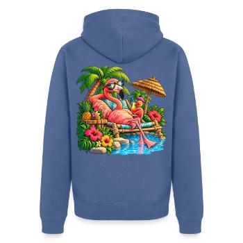Flamingo im Tropenparadies – Sommer Relax - Unisex Premium Bio Zip Hoodie - Taubenblau - Hinten - Nico (187cm)