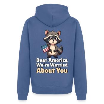 Dear America, We're Worried About You - Unisex Premium Bio Zip Hoodie - Taubenblau - Hinten - Nico (187cm)