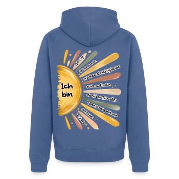 Ich bin genug – Positive Affirmationen Sonne - Unisex Premium Bio Zip Hoodie - Taubenblau - Hinten - Nico (187cm)