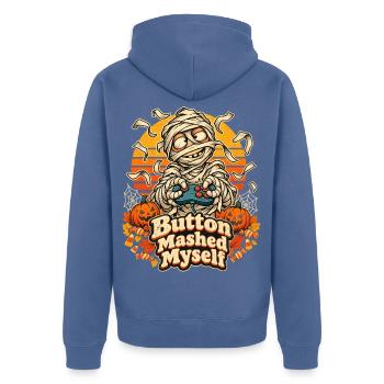 Halloween-Mumie Button Mashed Myself Gamer - Unisex Premium Bio Zip Hoodie - Taubenblau - Hinten - Nico (187cm)
