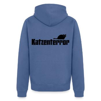 Katze  - Unisex Premium Bio Zip Hoodie - Taubenblau - Hinten - Nico (187cm)