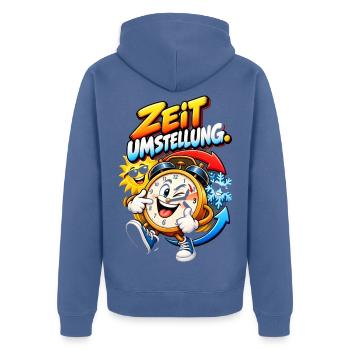 Zeitumstellung Cartoon Uhr Motiv - Unisex Premium Bio Zip Hoodie - Taubenblau - Hinten - Nico (187cm)