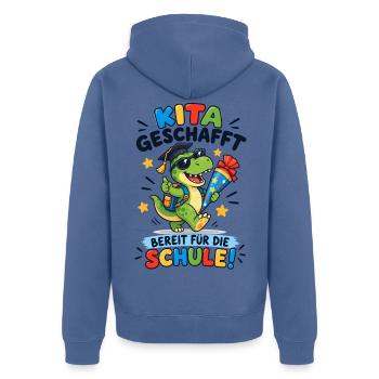 Kita geschafft Einschulung Dino - Unisex Premium Bio Zip Hoodie - Taubenblau - Hinten - Nico (187cm)